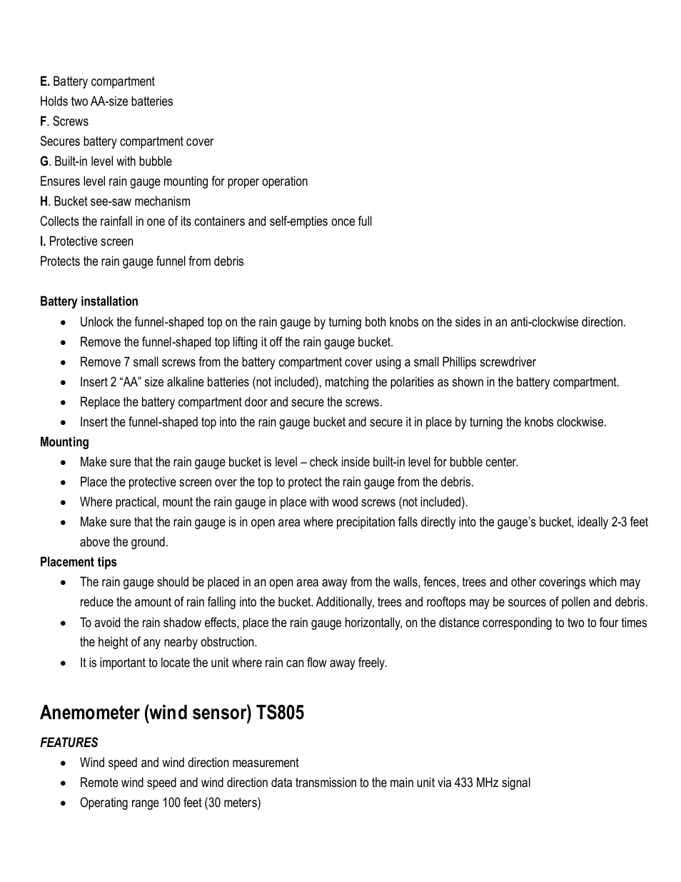 Anemometer (wind sensor) ts805 | Honeywell TE821WD User Manual | Page 7 / 33