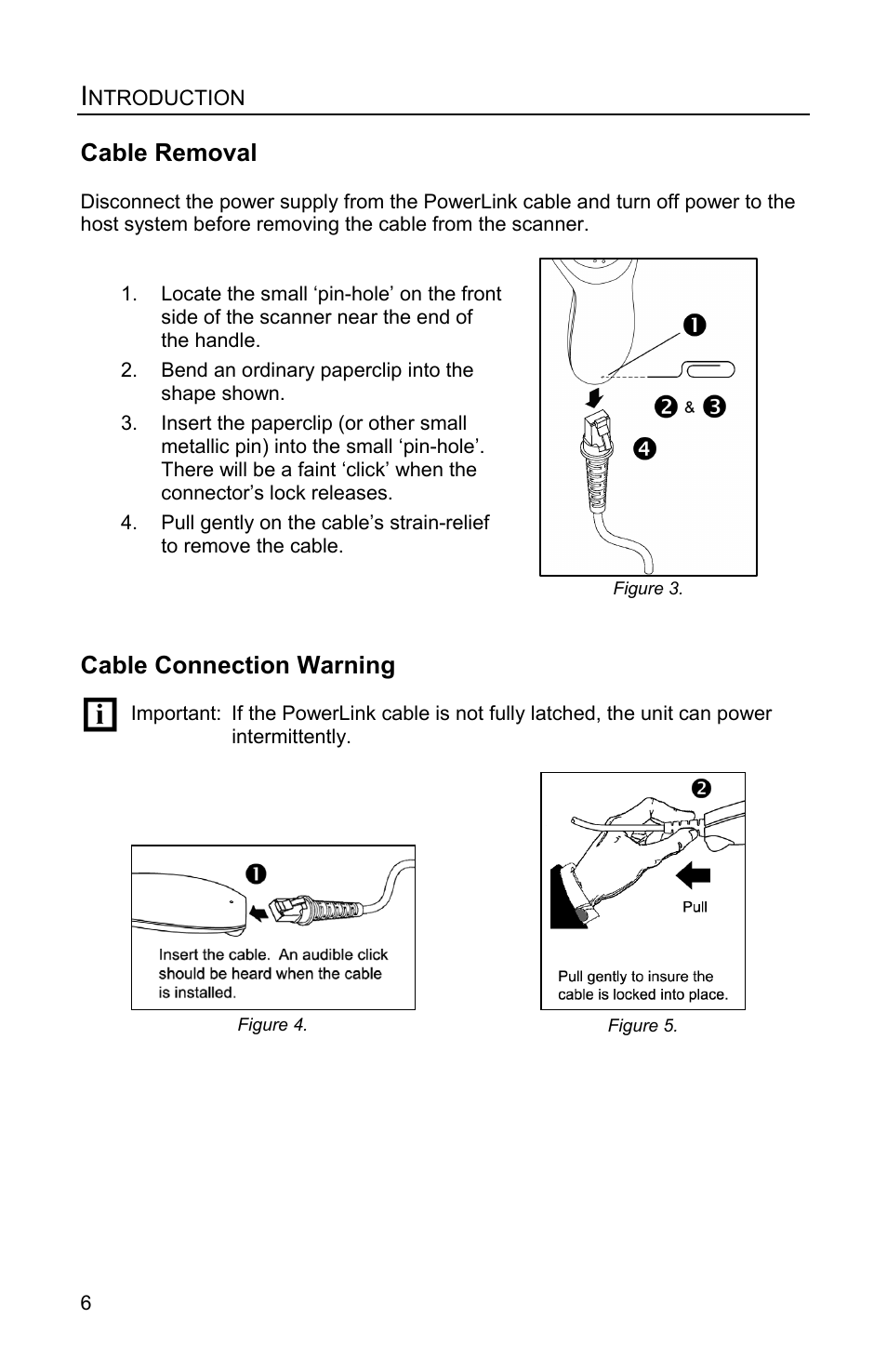 Cable removal, Cable connection warning | Honeywell Eclipse MS5100 Series User Manual | Page 10 / 52