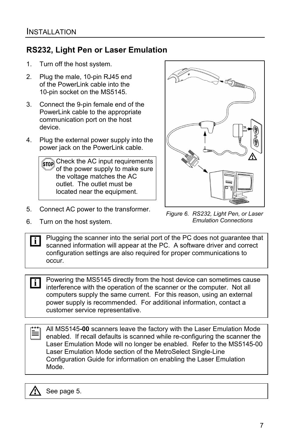 Installation, Rs232, light pen or laser emulation | Honeywell Eclipse MS5100 Series User Manual | Page 11 / 52