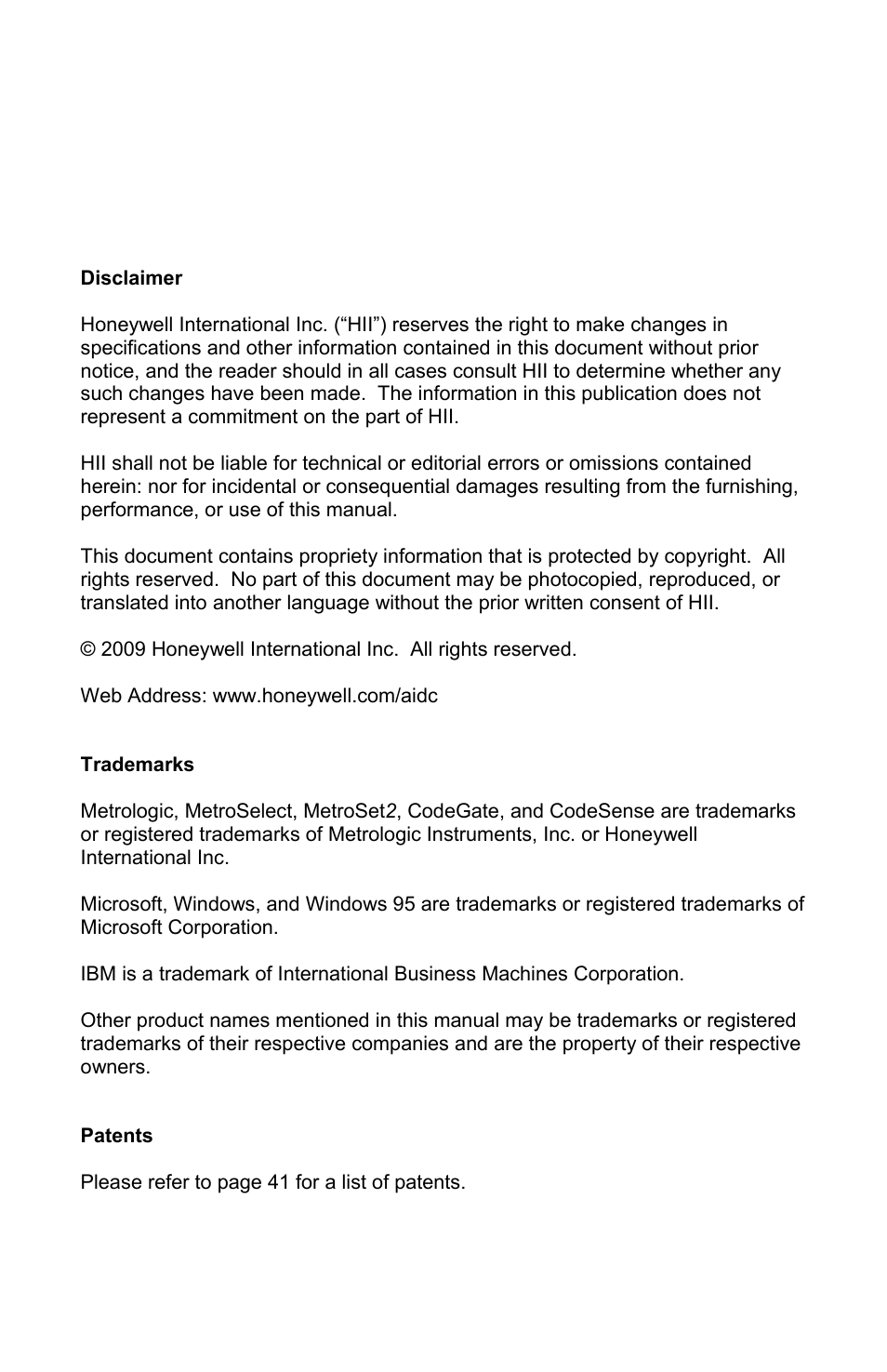 Disclaimer / trademarks / patents | Honeywell Eclipse MS5100 Series User Manual | Page 2 / 52