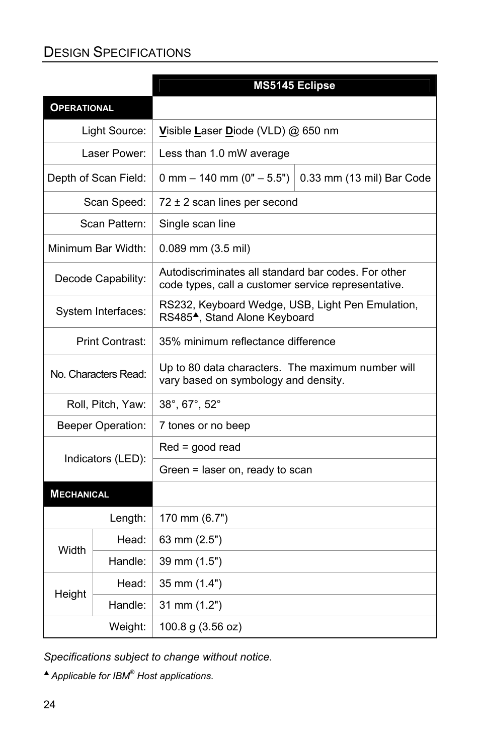 Design specifications | Honeywell Eclipse MS5100 Series User Manual | Page 28 / 52