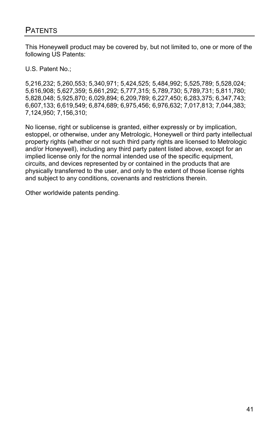 Patents | Honeywell Eclipse MS5100 Series User Manual | Page 45 / 52