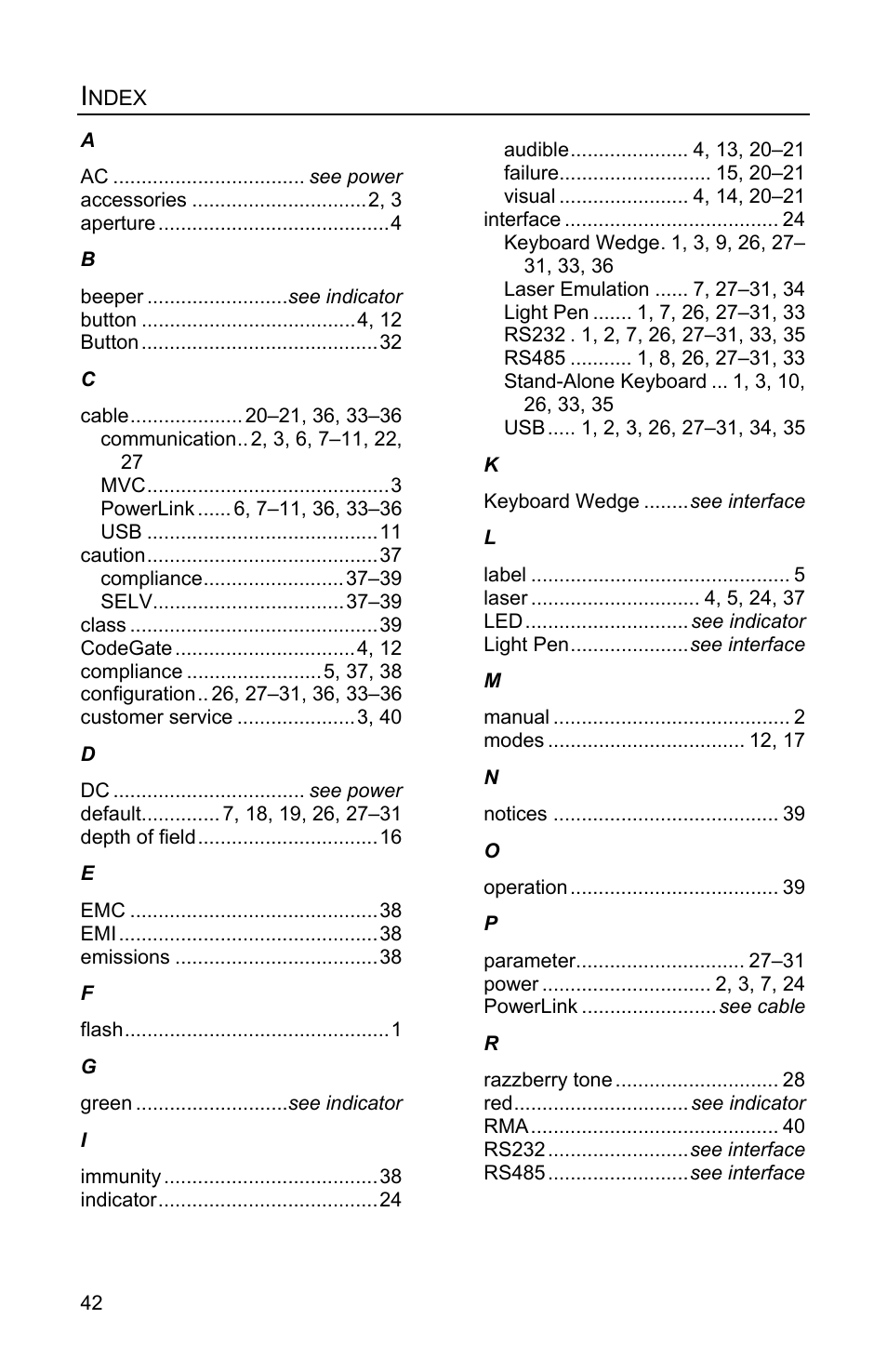 Index | Honeywell Eclipse MS5100 Series User Manual | Page 46 / 52