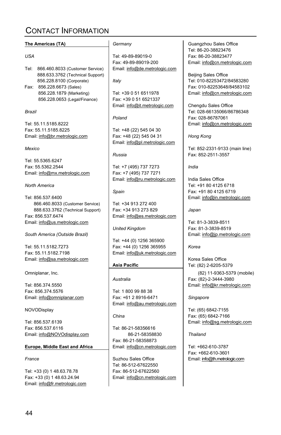 Contact information, Ontact, Nformation | Honeywell Eclipse MS5100 Series User Manual | Page 48 / 52