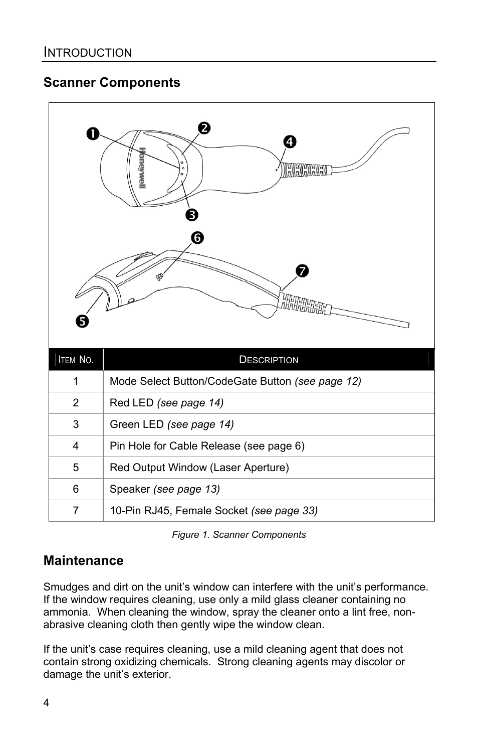 Scanner components, Maintenance | Honeywell Eclipse MS5100 Series User Manual | Page 8 / 52