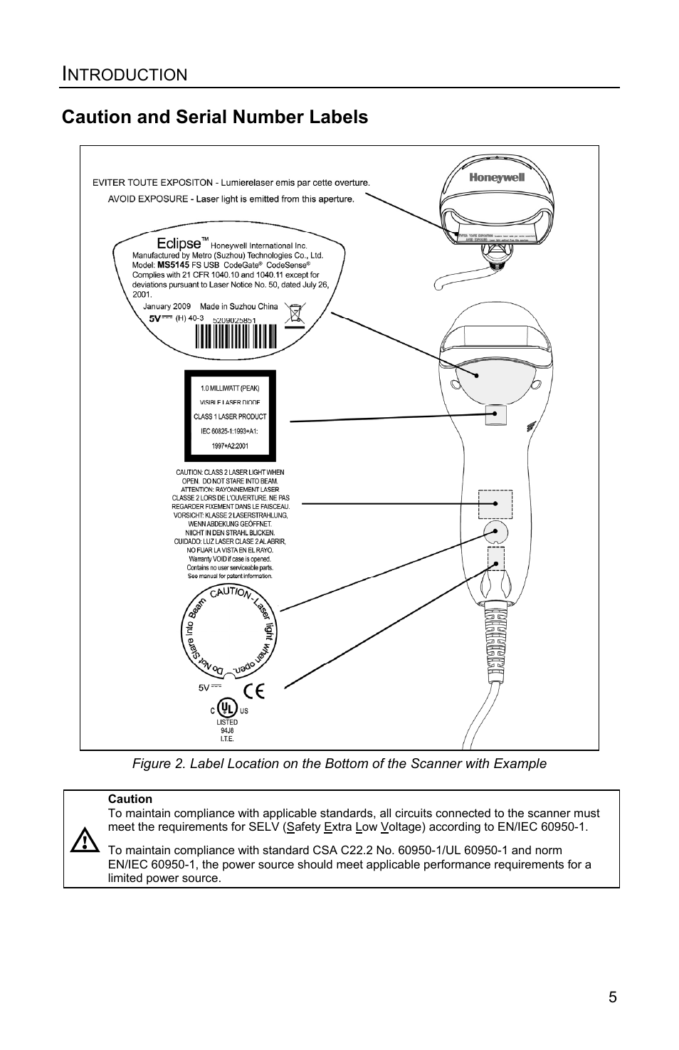 Caution and serial number labels | Honeywell Eclipse MS5100 Series User Manual | Page 9 / 52