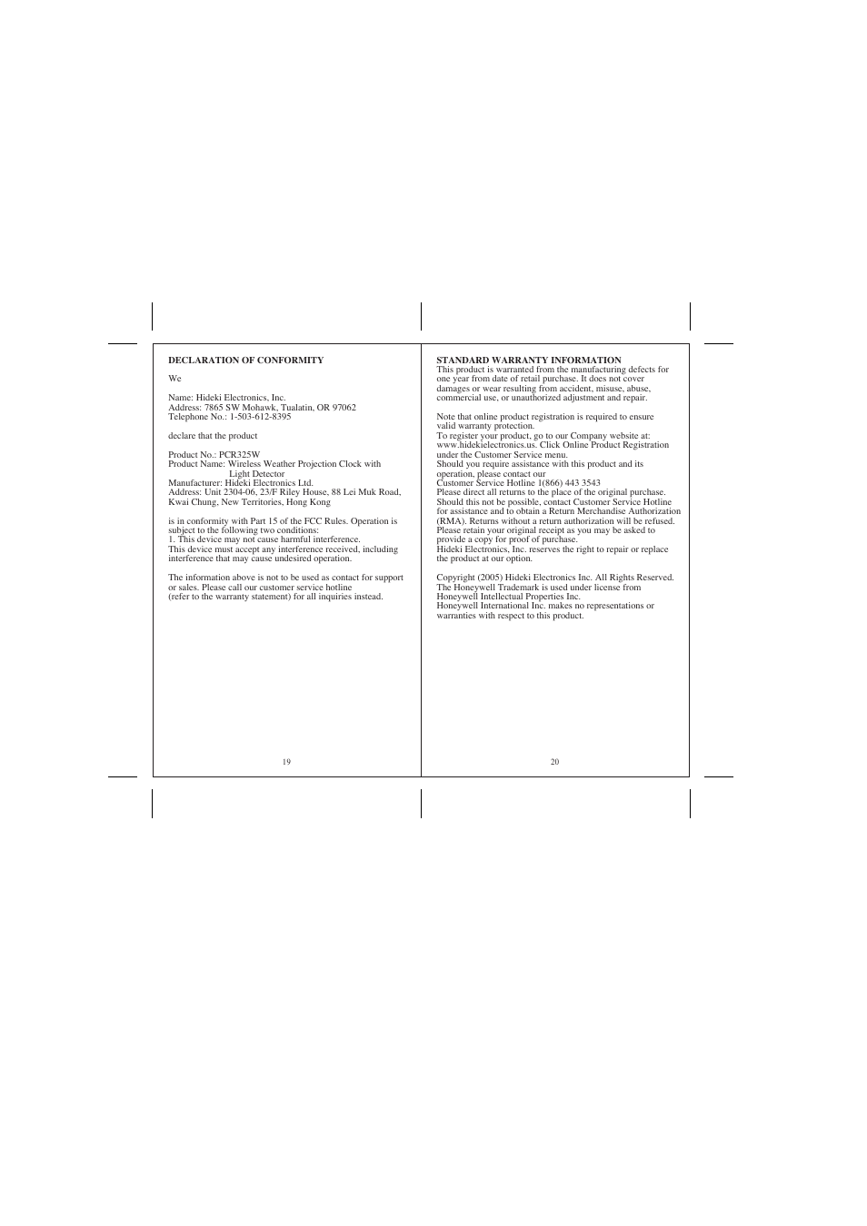 Honeywell PCR325W User Manual | Page 11 / 11