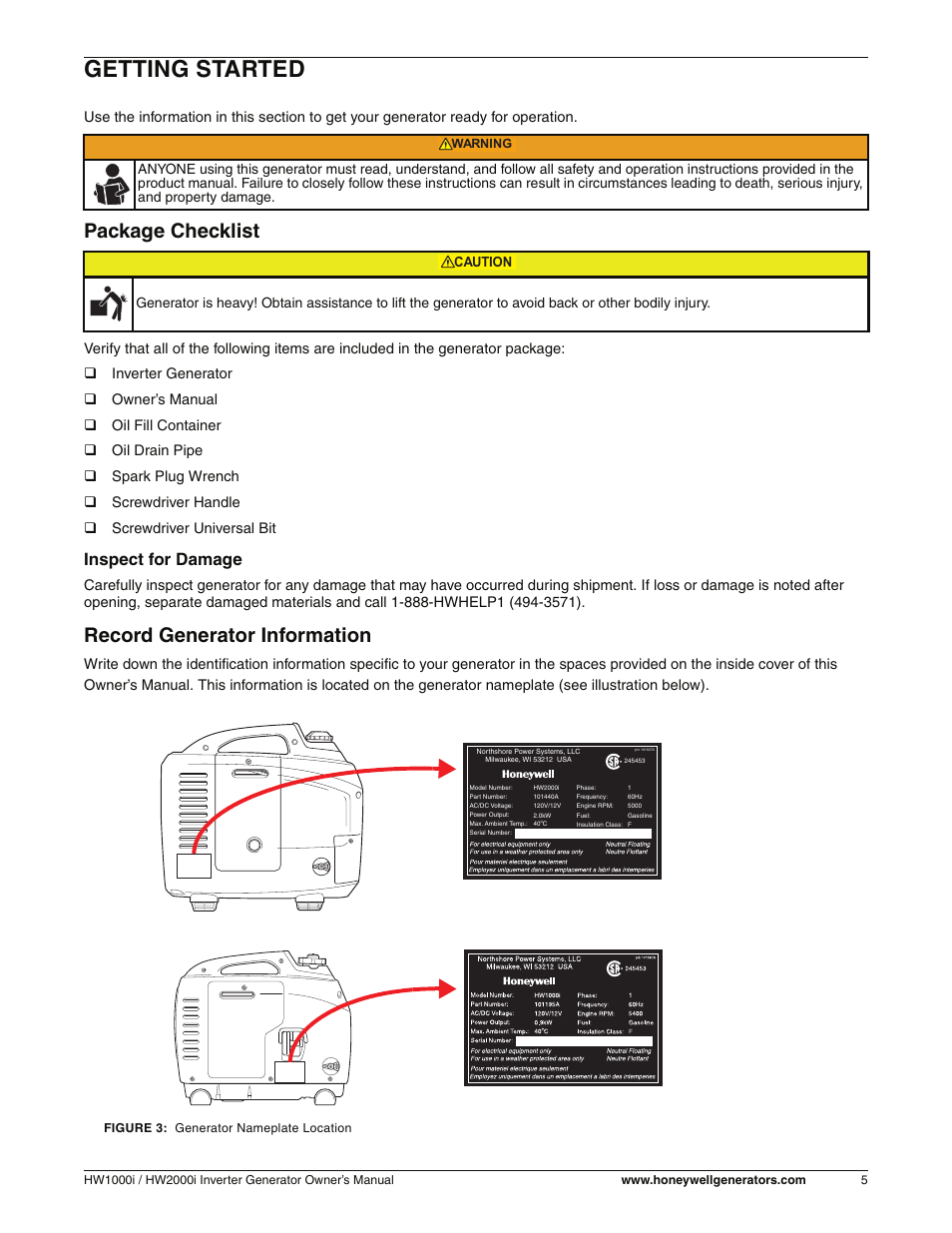 Getting started, Package checklist, Record generator information | Inspect for damage, Caution | Honeywell HW2000i User Manual | Page 11 / 46