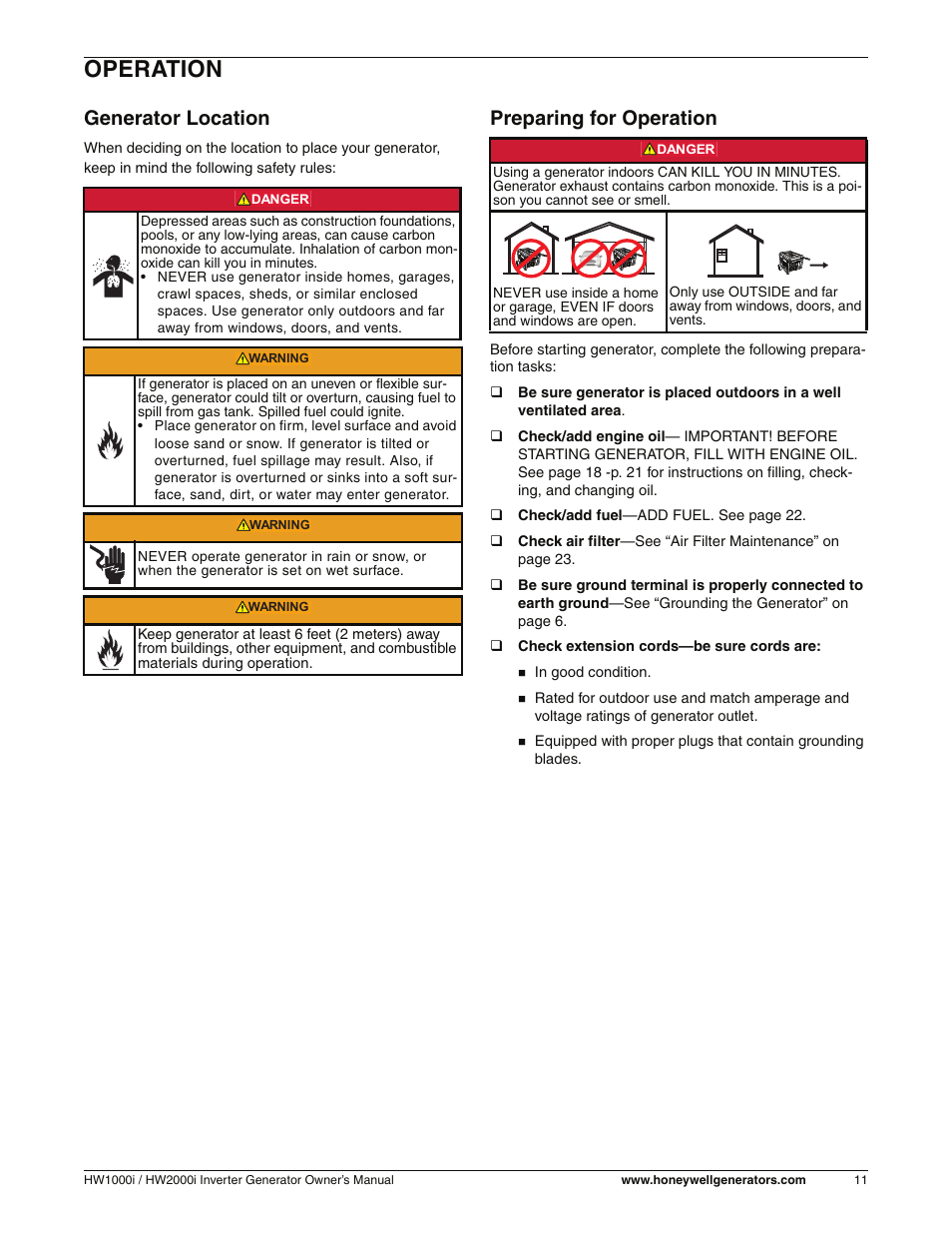 Operation, Generator location, Preparing for operation | Honeywell HW2000i User Manual | Page 17 / 46