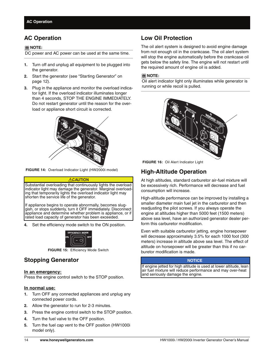 Ac operation, Stopping generator, Low oil protection | High-altitude operation | Honeywell HW2000i User Manual | Page 20 / 46