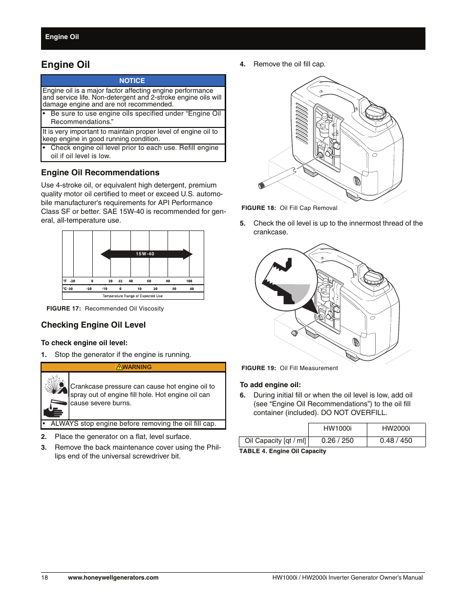 Engine oil, Checking engine oil level | Honeywell HW2000i User Manual | Page 24 / 46
