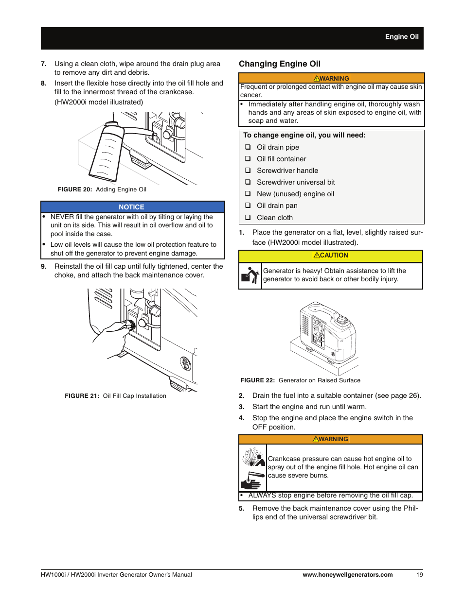Changing engine oil | Honeywell HW2000i User Manual | Page 25 / 46