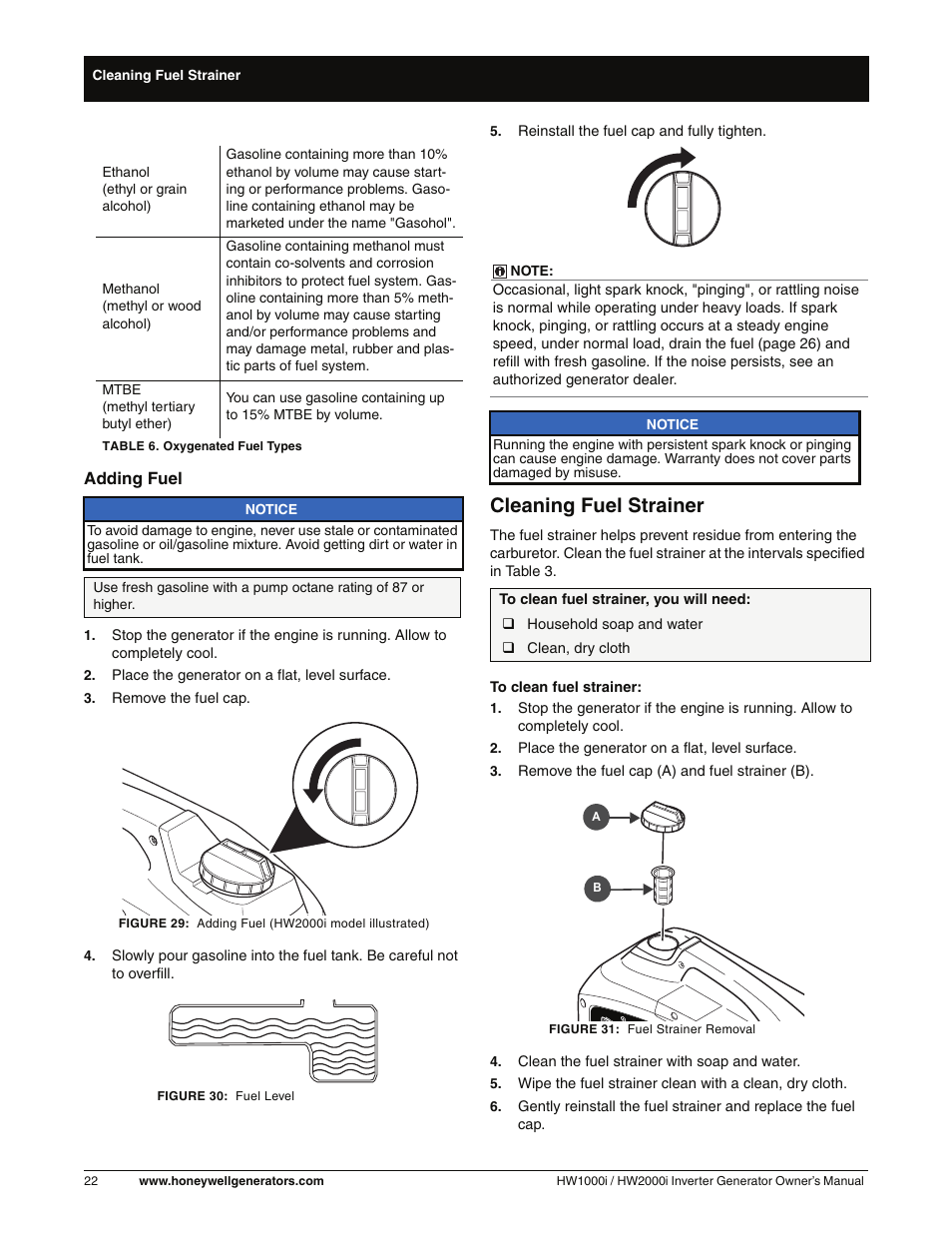Adding fuel, Cleaning fuel strainer | Honeywell HW2000i User Manual | Page 28 / 46