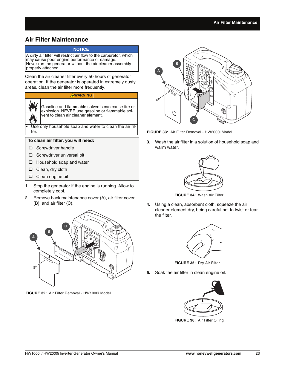 Air filter maintenance | Honeywell HW2000i User Manual | Page 29 / 46
