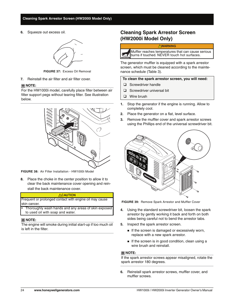 Cleaning spark arrestor screen | Honeywell HW2000i User Manual | Page 30 / 46