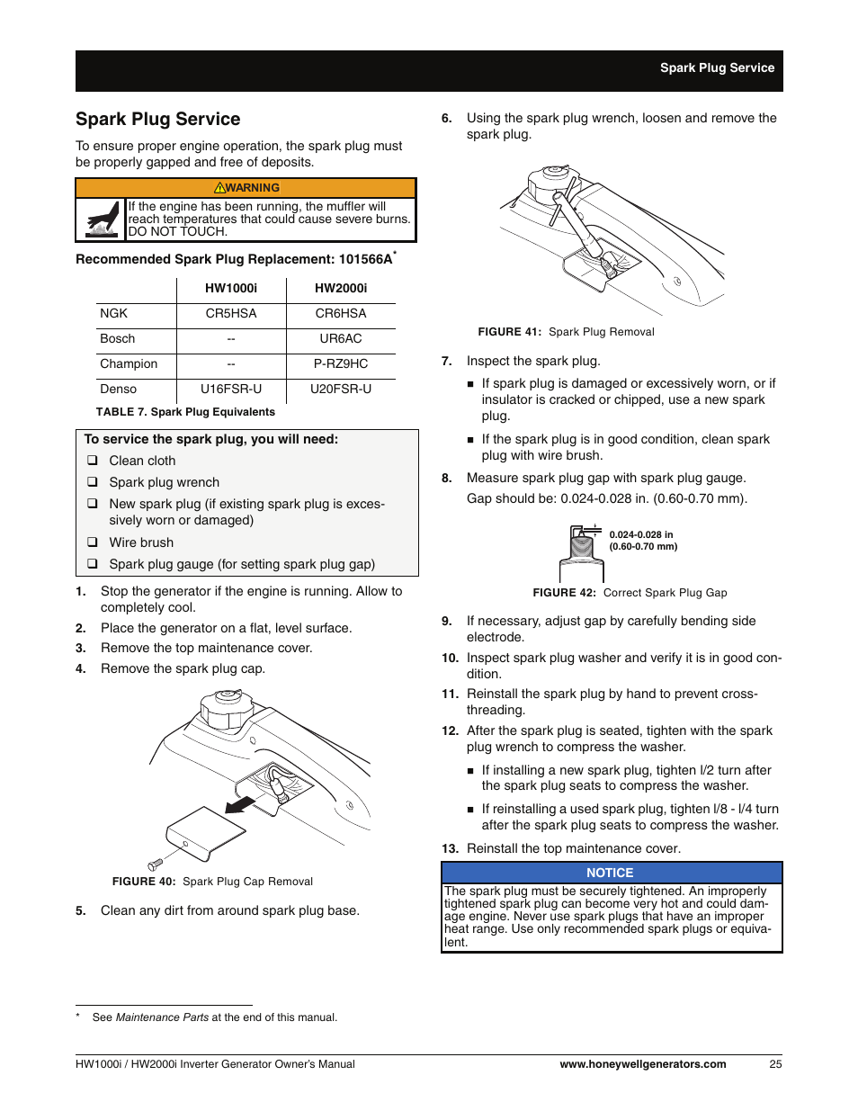 Spark plug service | Honeywell HW2000i User Manual | Page 31 / 46