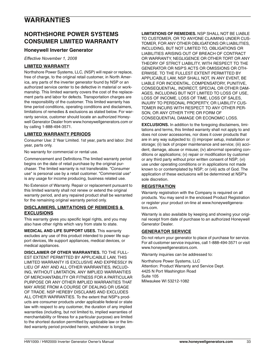 Warranties, Consumer limited warranty, Northshore power systems consumer limited warranty | Honeywell HW2000i User Manual | Page 39 / 46