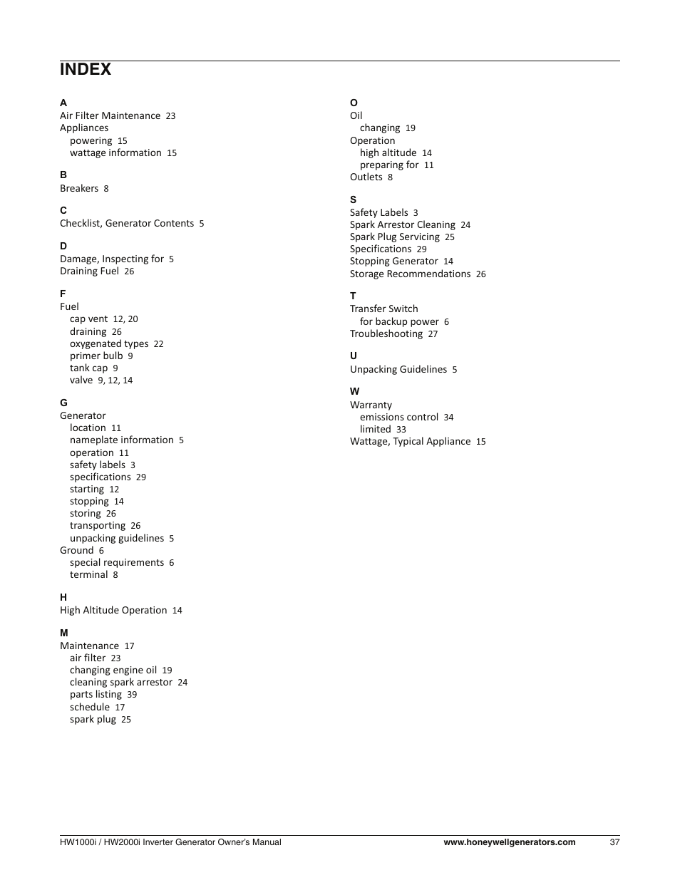 Index | Honeywell HW2000i User Manual | Page 43 / 46