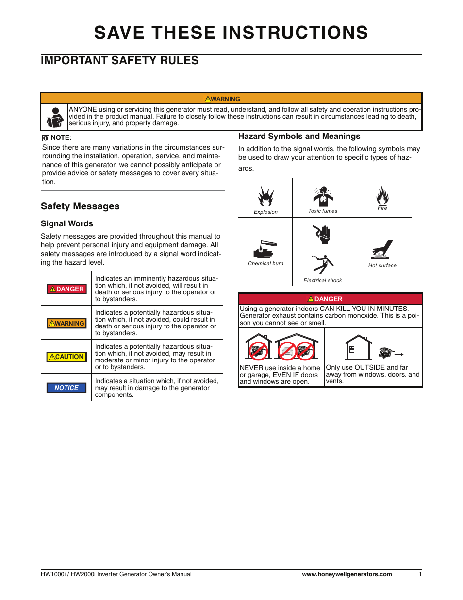 Important safety rules, Safety messages, Save these instructions | Honeywell HW2000i User Manual | Page 7 / 46