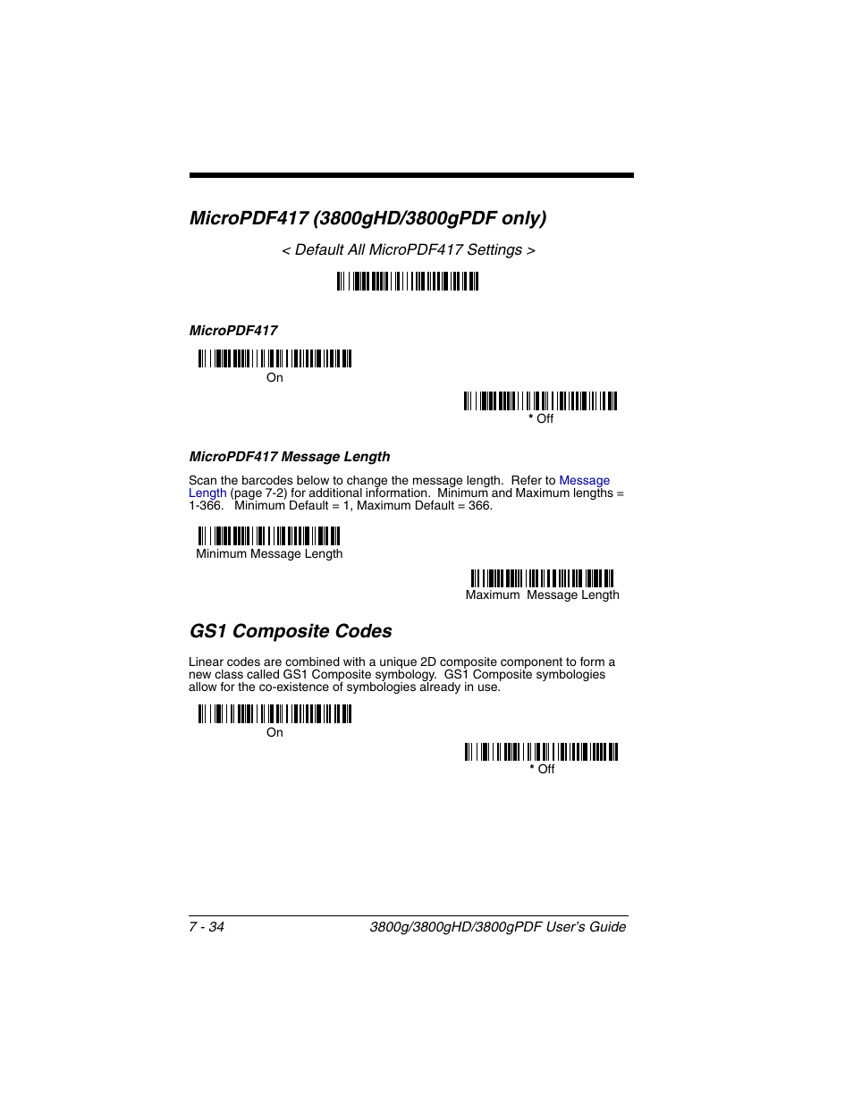 Micropdf417 message length, Micropdf417 (3800ghd/3800gpdf only) -34, Micropdf417 message length -34 | Gs1 composite codes -34, Micropdf417 (3800ghd/ 3800gpdf only), Gs1 composite codes | Honeywell 3800gPDF User Manual | Page 100 / 156
