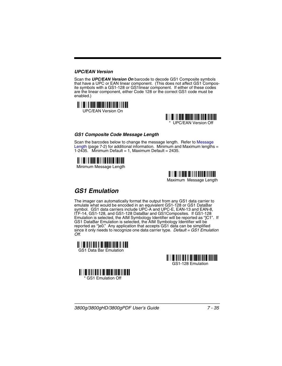Upc/ean version, Gs1 composite code message length, Gs1 emulation -35 | Gs1 emulation | Honeywell 3800gPDF User Manual | Page 101 / 156