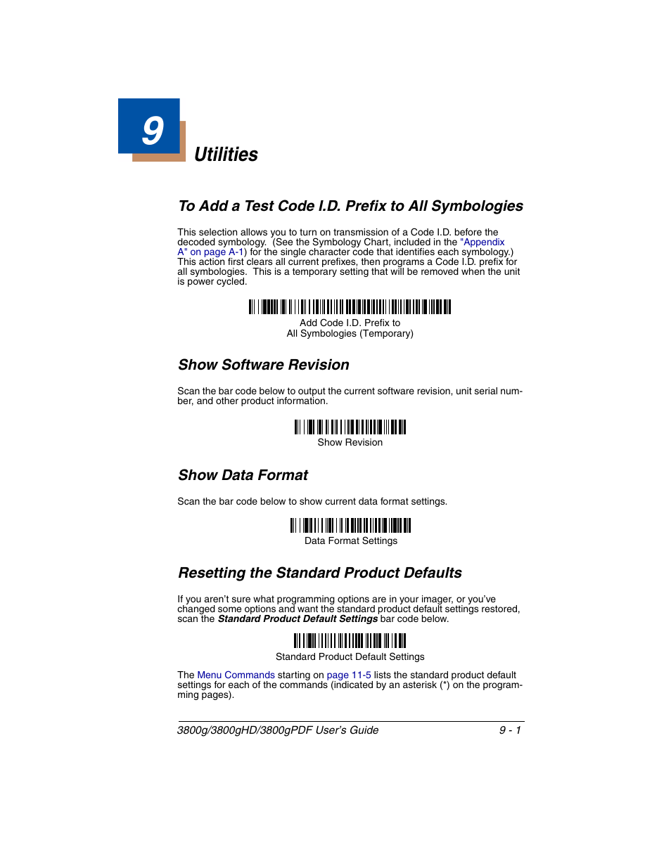 Utilities, To add a test code i.d. prefix to all symbologies, Show software revision | Show data format, Resetting the standard product defaults, Chapter 9 - utilities | Honeywell 3800gPDF User Manual | Page 109 / 156