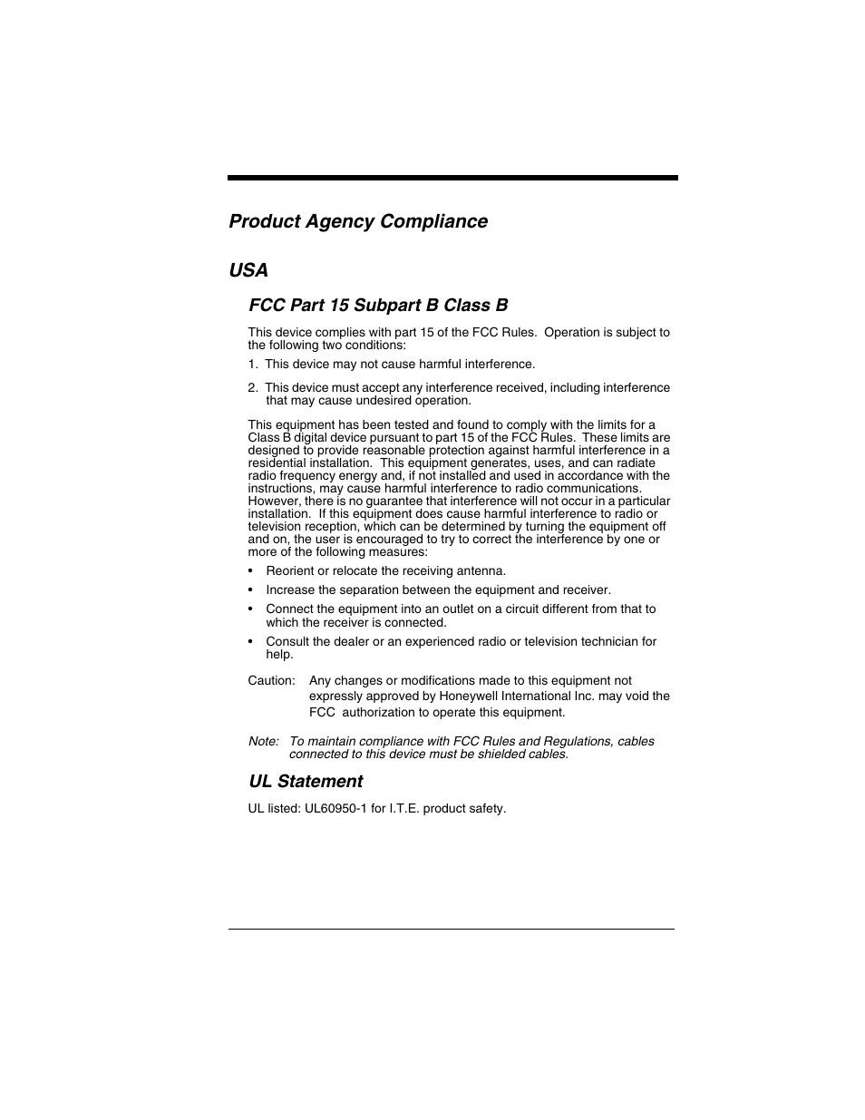 Product agency compliance usa, Fcc part 15 subpart b class b, Ul statement | Honeywell 3800gPDF User Manual | Page 11 / 156