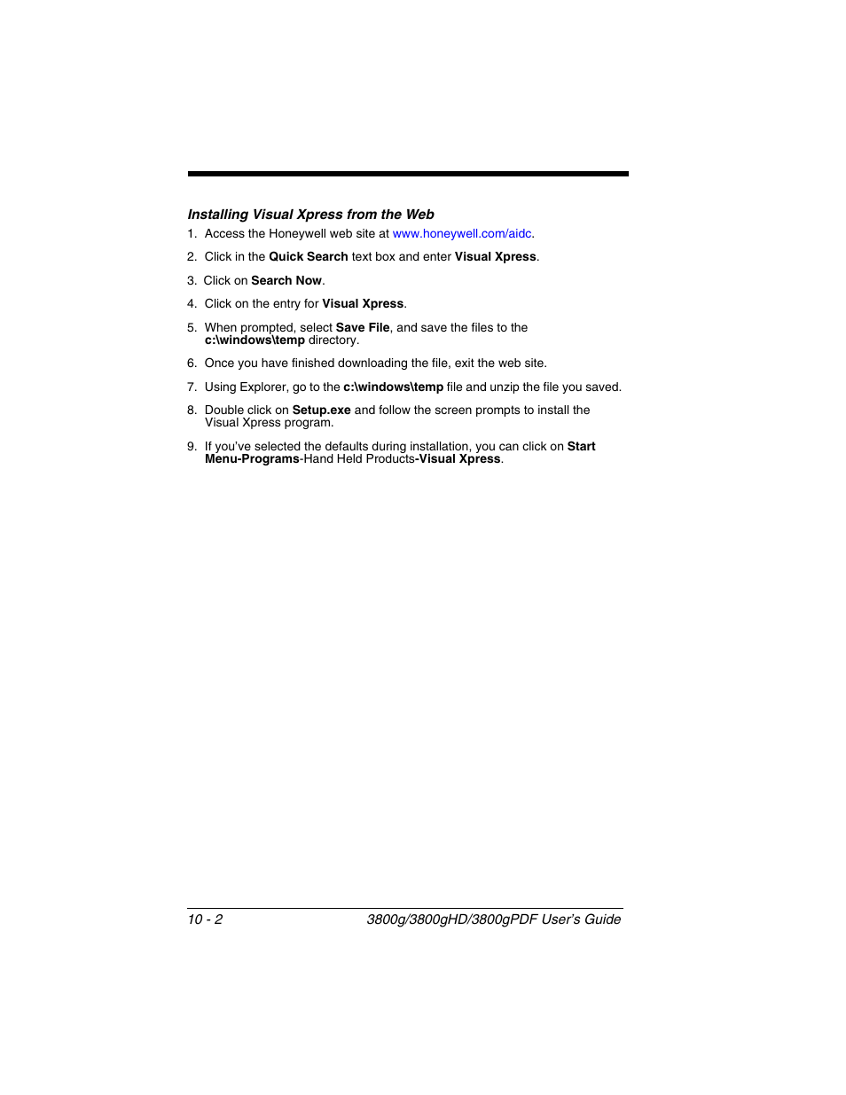 Installing visual xpress from the web, Installing visual xpress from the web -2 | Honeywell 3800gPDF User Manual | Page 112 / 156