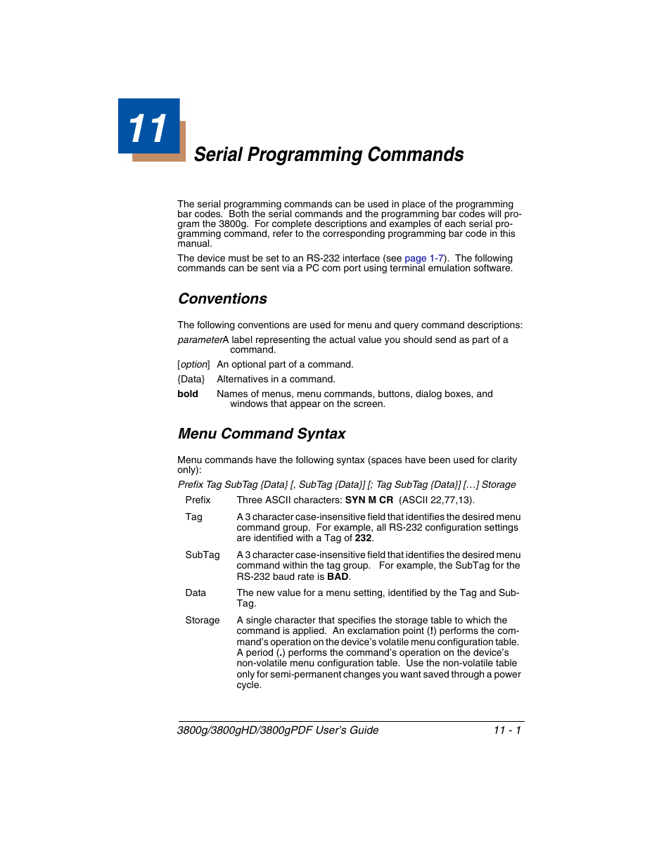 Serial programming commands, Conventions, Menu command syntax | Chapter 11 - serial programming commands, Conventions -1 menu command syntax -1, Chapter 11 | Honeywell 3800gPDF User Manual | Page 113 / 156