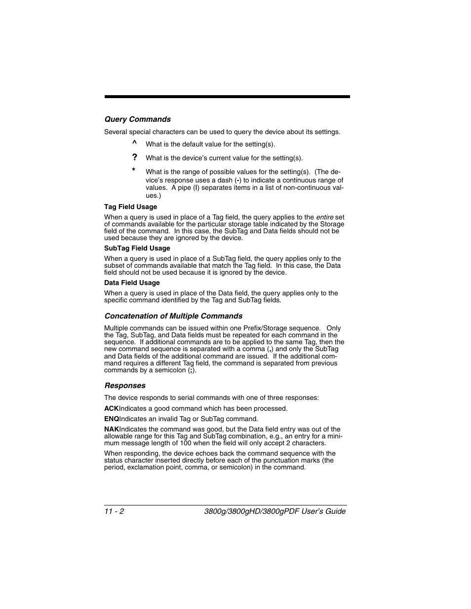 Query commands, Concatenation of multiple commands, Responses | Honeywell 3800gPDF User Manual | Page 114 / 156