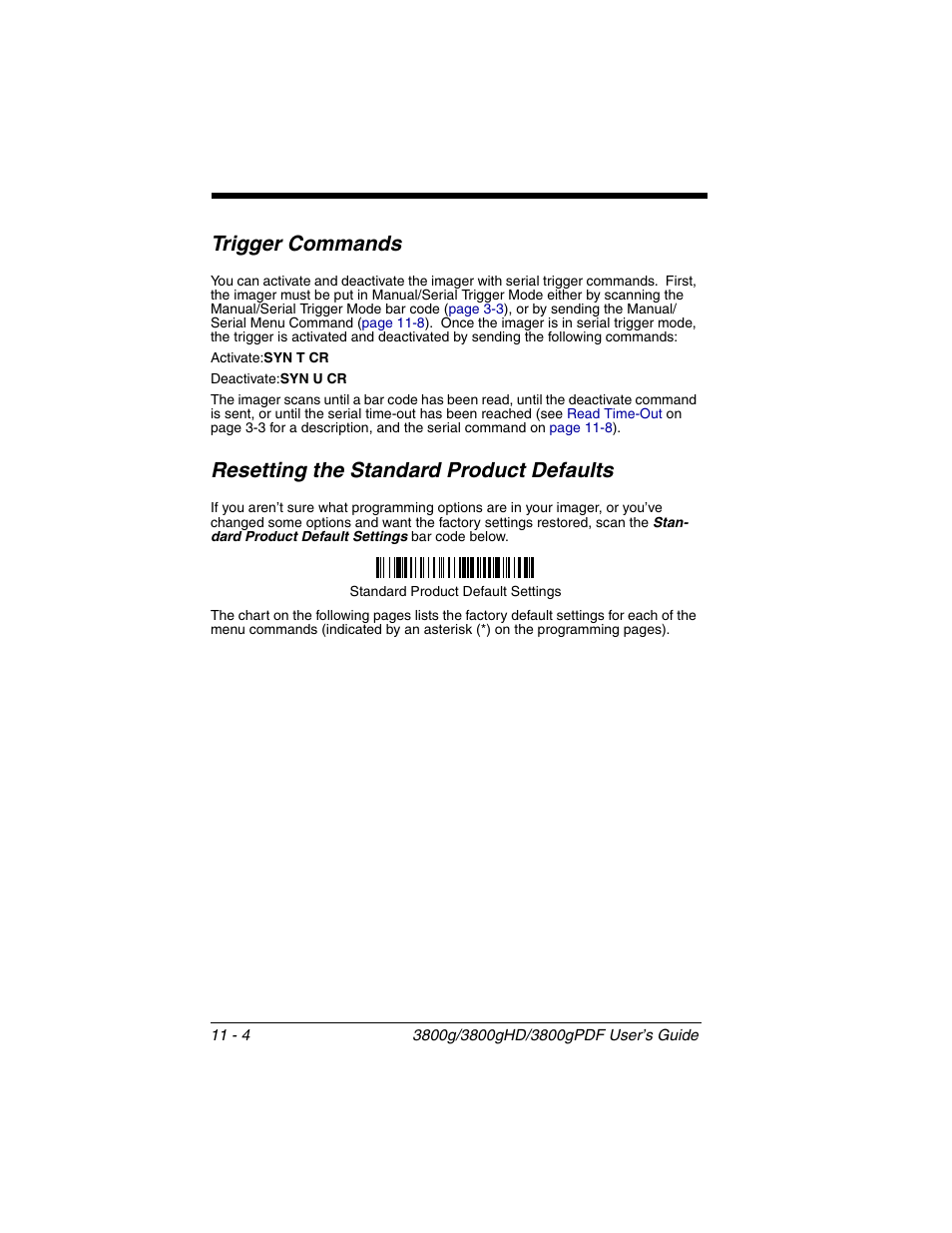 Trigger commands, Resetting the standard product defaults | Honeywell 3800gPDF User Manual | Page 116 / 156