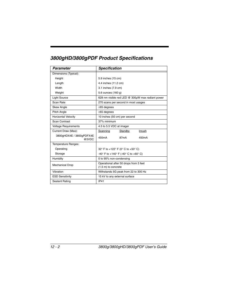 3800ghd/3800gpdf product specifications -2, Parameter specification | Honeywell 3800gPDF User Manual | Page 134 / 156