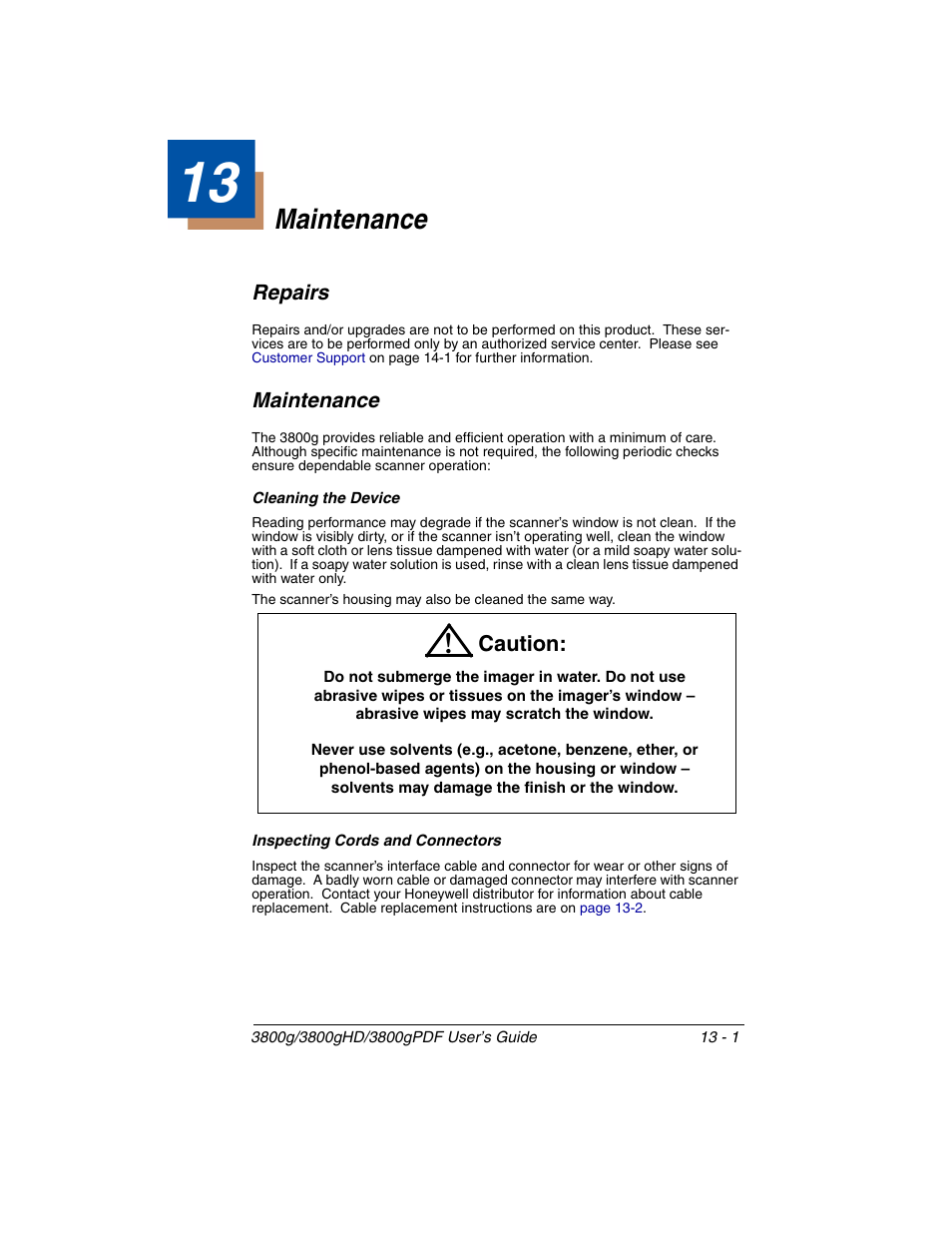 Maintenance, Repairs, Cleaning the device | Inspecting cords and connectors, Chapter 13 - maintenance, Repairs -1 maintenance -1 | Honeywell 3800gPDF User Manual | Page 139 / 156