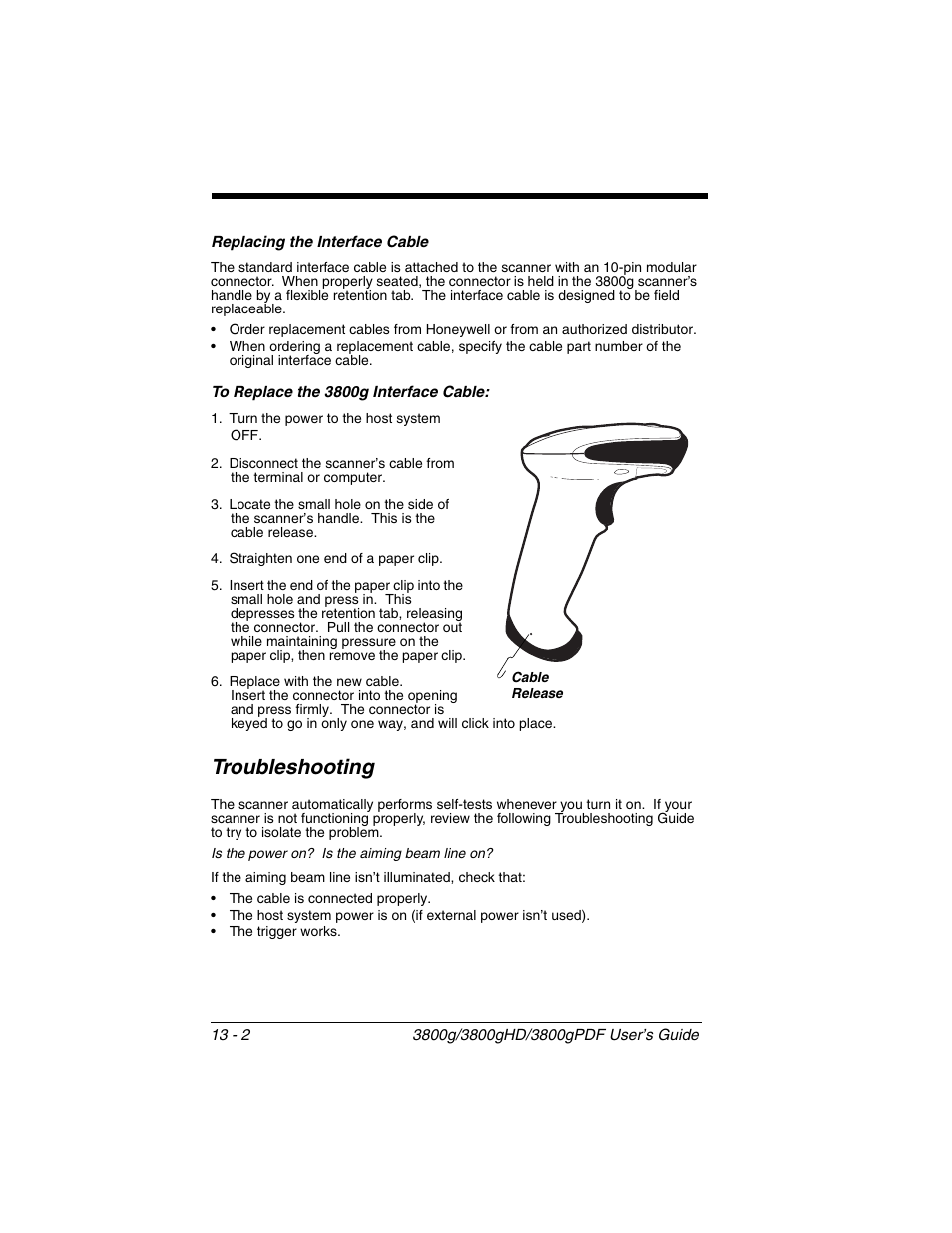 Replacing the interface cable, Troubleshooting, Replacing the interface cable -2 | Troubleshooting -2, Ctions are on | Honeywell 3800gPDF User Manual | Page 140 / 156