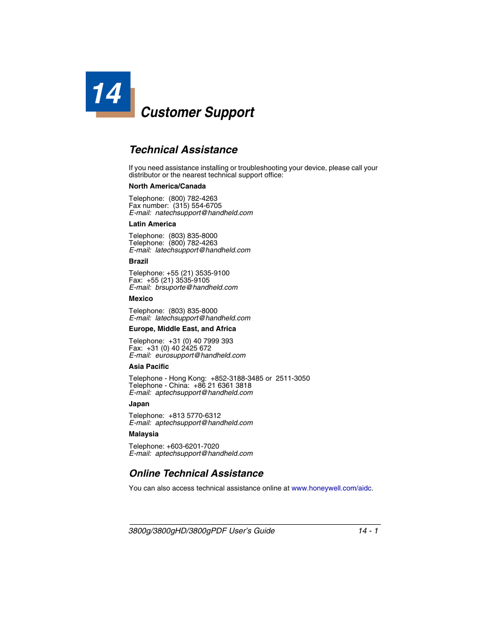 Customer support, Technical assistance, Online technical assistance | Chapter 14 - customer support, Technical assistance -1, Online technical assistance -1 | Honeywell 3800gPDF User Manual | Page 143 / 156
