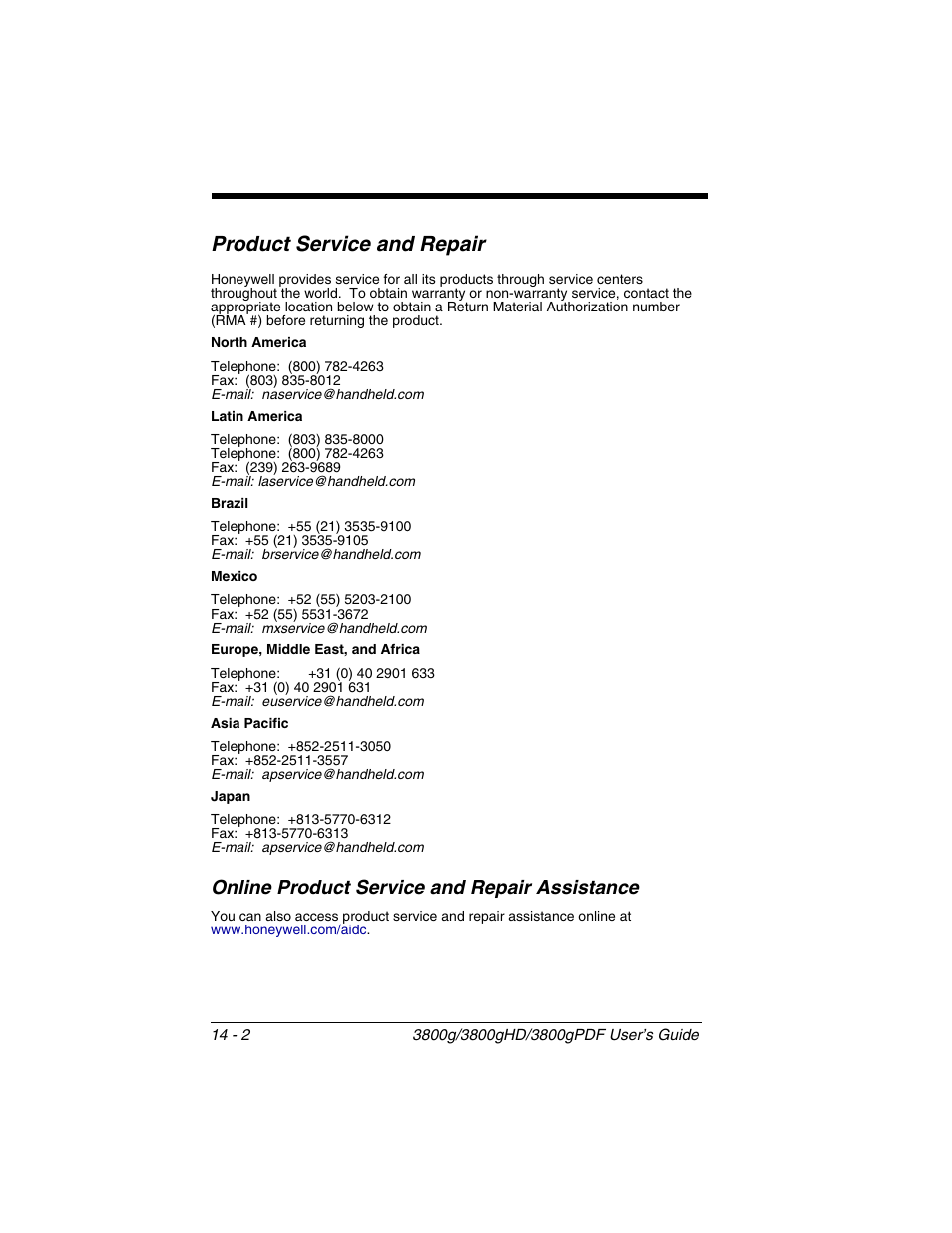 Product service and repair, Online product service and repair assistance, Product service and repair -2 | Online product service and repair assistance -2 | Honeywell 3800gPDF User Manual | Page 144 / 156