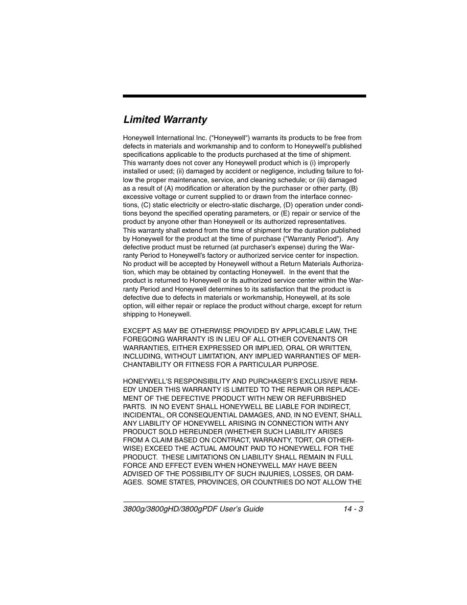 Limited warranty, Limited warranty -3 | Honeywell 3800gPDF User Manual | Page 145 / 156