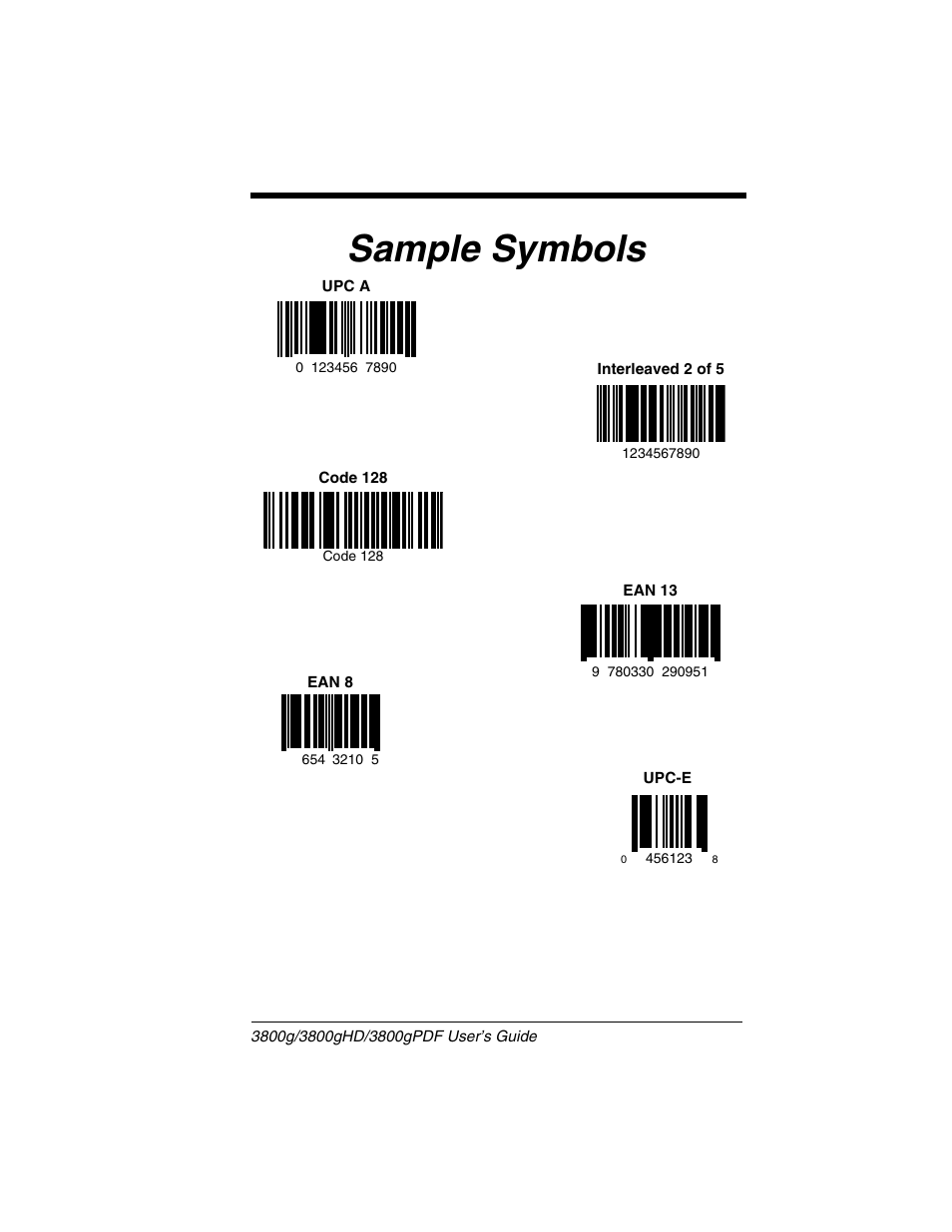 Sample symbols, Scanning a bar code from the, Sample | Symbols, In the back of this manual | Honeywell 3800gPDF User Manual | Page 151 / 156