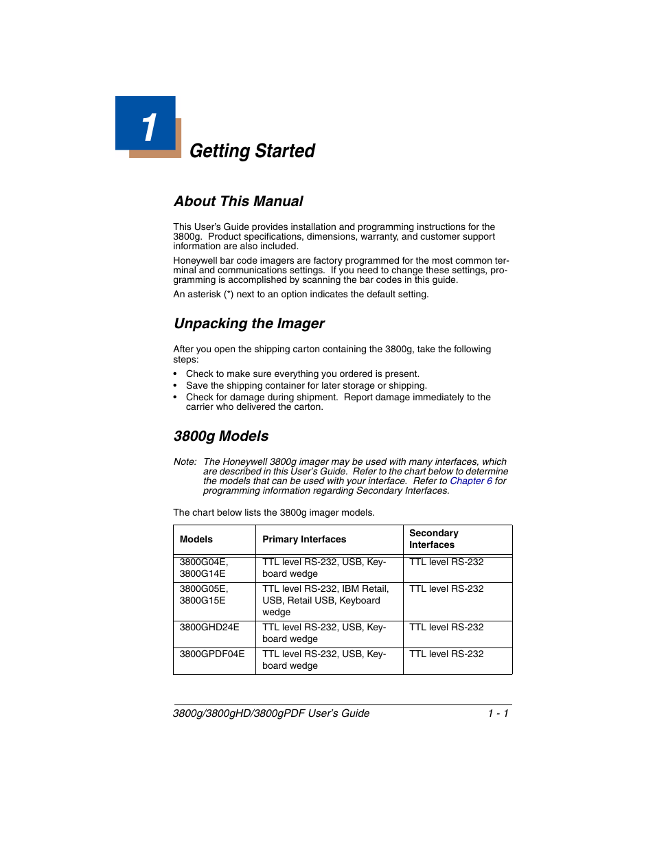 Getting started, About this manual, Unpacking the imager | 3800g models, Chapter 1 - getting started | Honeywell 3800gPDF User Manual | Page 17 / 156