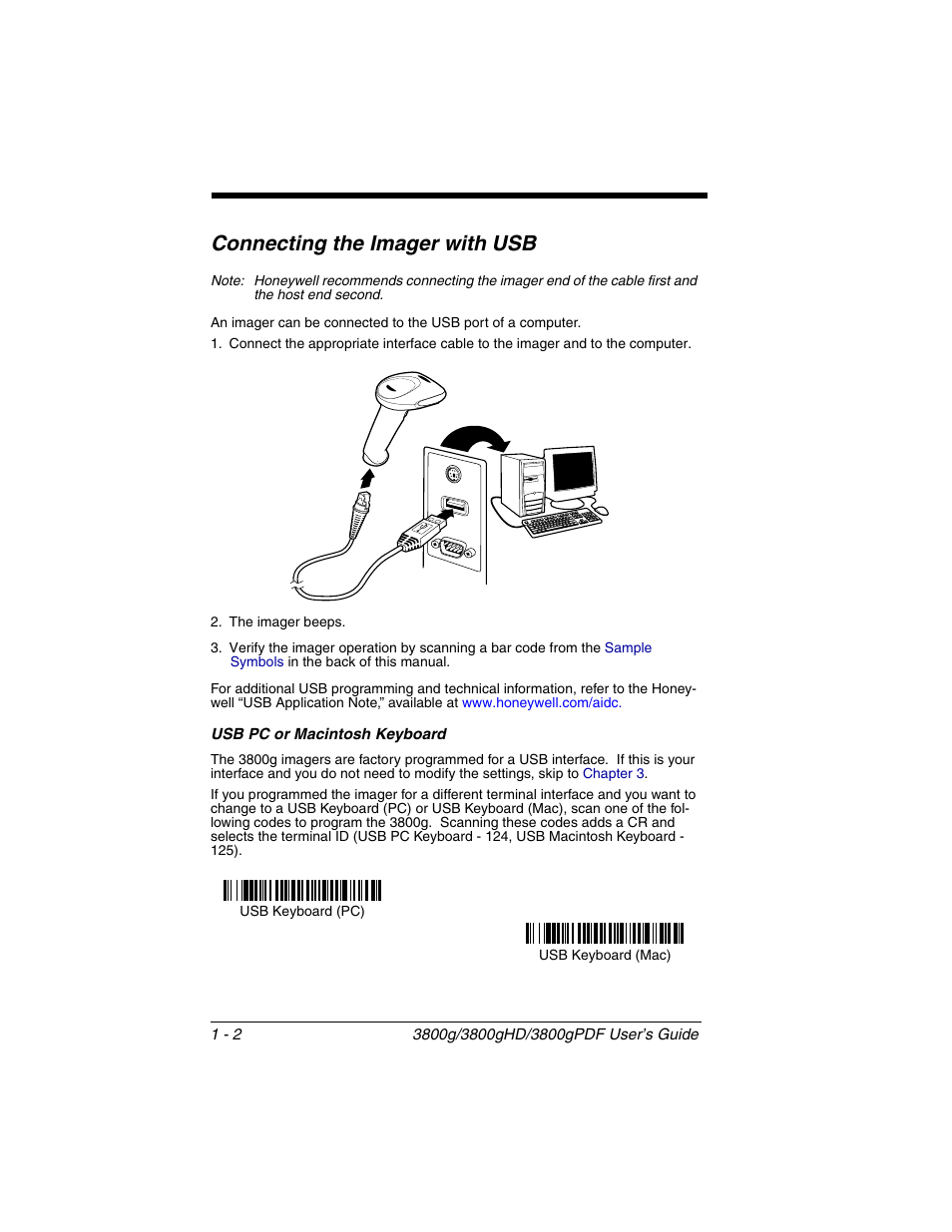 Connecting the imager with usb, Usb pc or macintosh keyboard, Connecting the imager with usb -2 | Usb pc or macintosh keyboard -2 | Honeywell 3800gPDF User Manual | Page 18 / 156