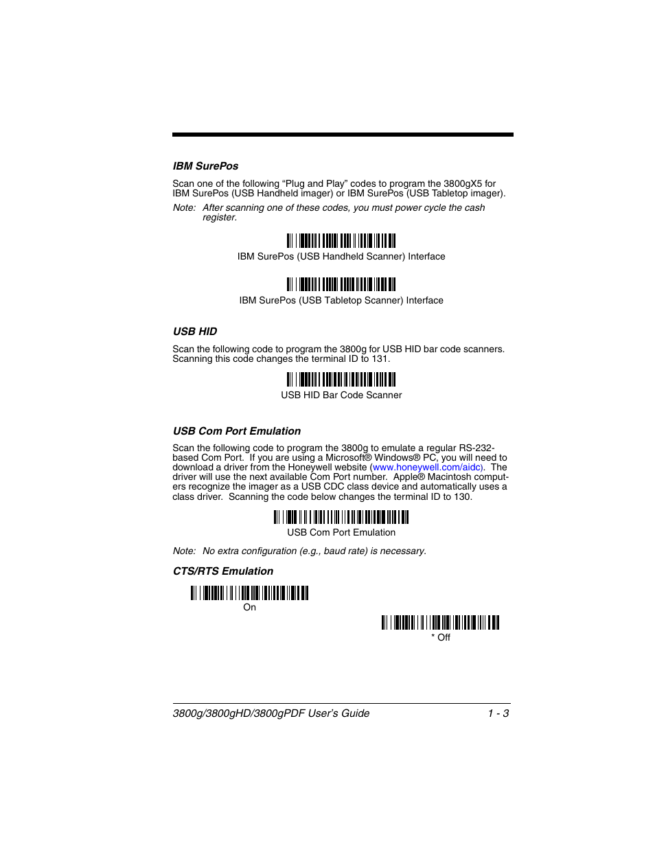 Ibm surepos, Usb hid, Usb com port emulation | Honeywell 3800gPDF User Manual | Page 19 / 156