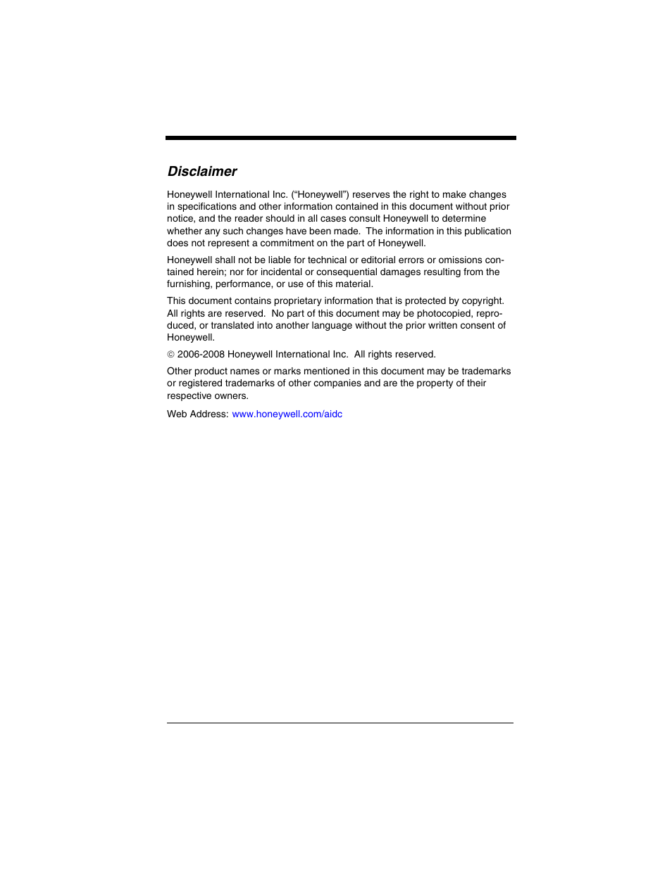 Disclaimer | Honeywell 3800gPDF User Manual | Page 2 / 156