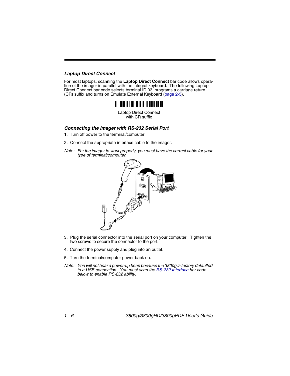 Laptop direct connect, Connecting the imager with rs-232 serial port | Honeywell 3800gPDF User Manual | Page 22 / 156