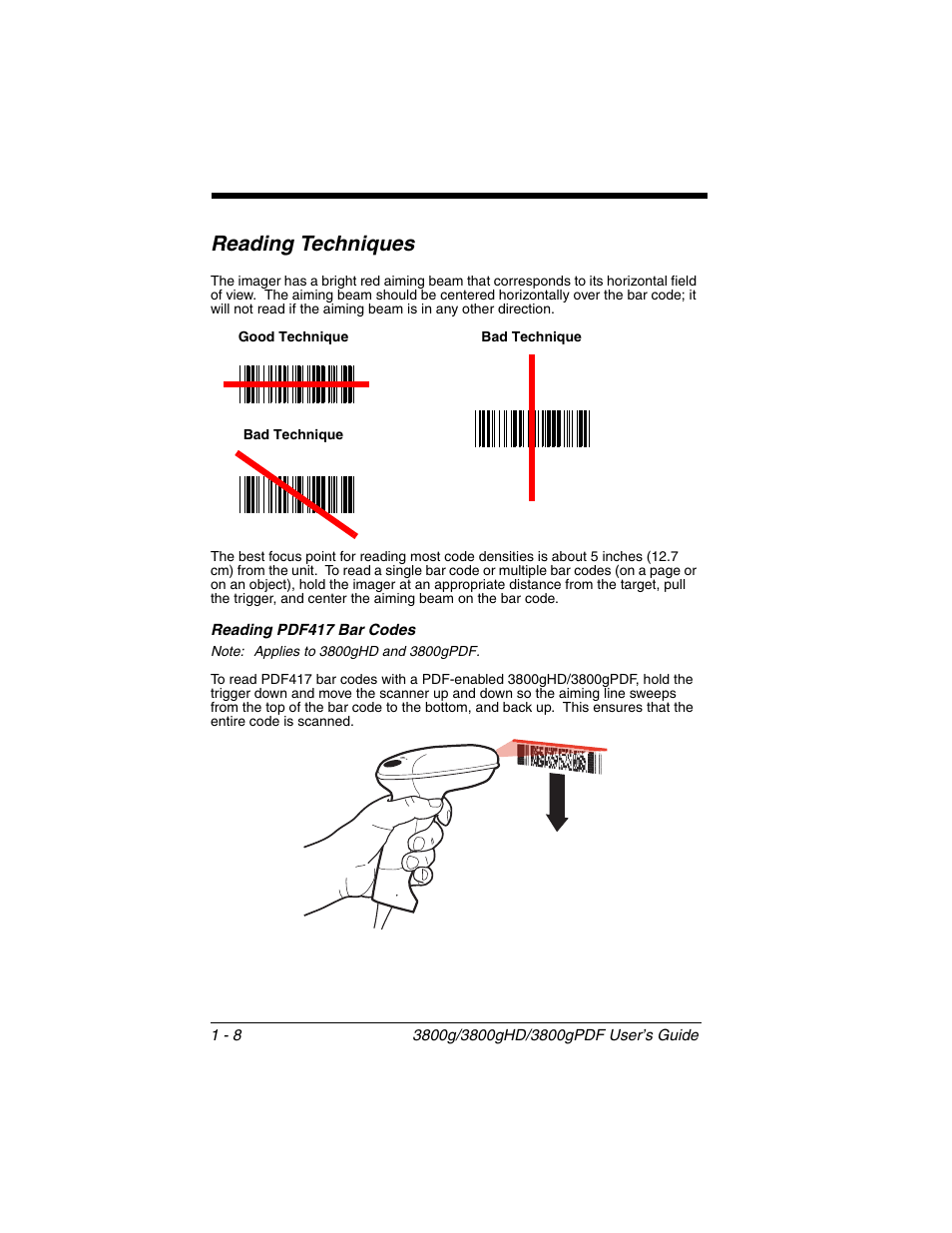 Reading techniques, Reading pdf417 bar codes, Reading techniques -8 | Reading pdf417 bar codes -8 | Honeywell 3800gPDF User Manual | Page 24 / 156