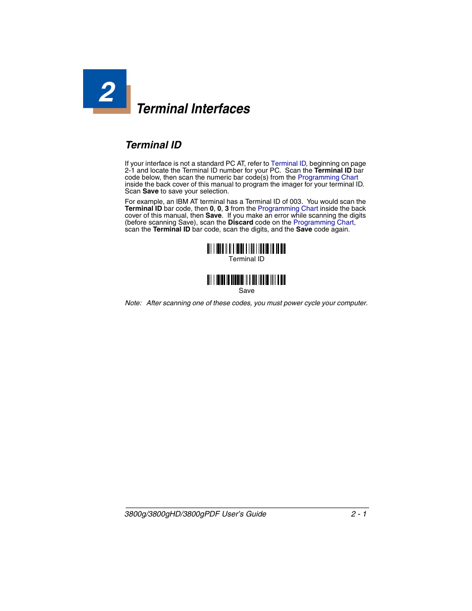 Terminal interfaces, Terminal id, Chapter 2 - terminal interfaces | Terminal id -1 | Honeywell 3800gPDF User Manual | Page 27 / 156