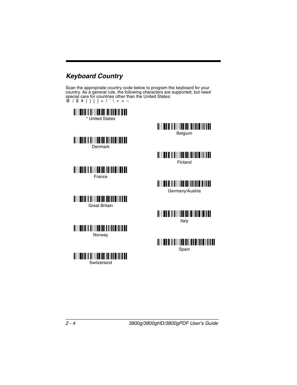 Keyboard country, Keyboard country -4 | Honeywell 3800gPDF User Manual | Page 30 / 156