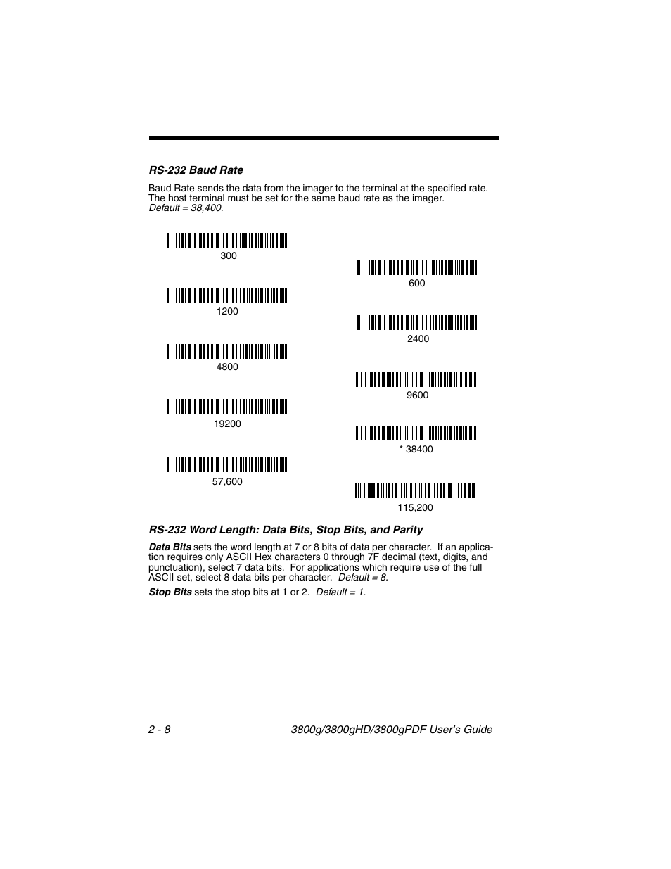 Rs-232 baud rate | Honeywell 3800gPDF User Manual | Page 34 / 156