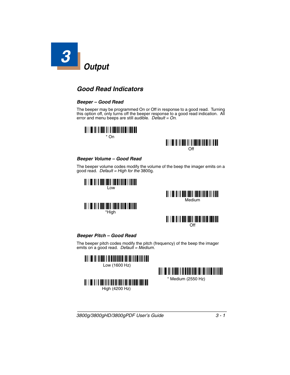Output, Good read indicators, Beeper – good read | Beeper volume – good read, Beeper pitch – good read, Chapter 3 - output, Good read indicators -1, Skip to, Chapter 3 | Honeywell 3800gPDF User Manual | Page 37 / 156