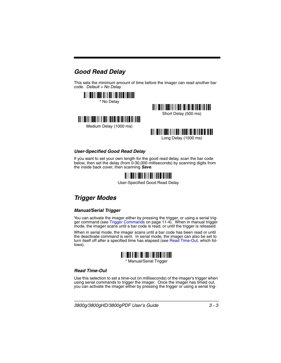 Good read delay, User-specified good read delay, Trigger modes | Manual/serial trigger, Good read delay -3, User-specified good read delay -3, Trigger modes -3, Manual/serial trigger -3 | Honeywell 3800gPDF User Manual | Page 39 / 156