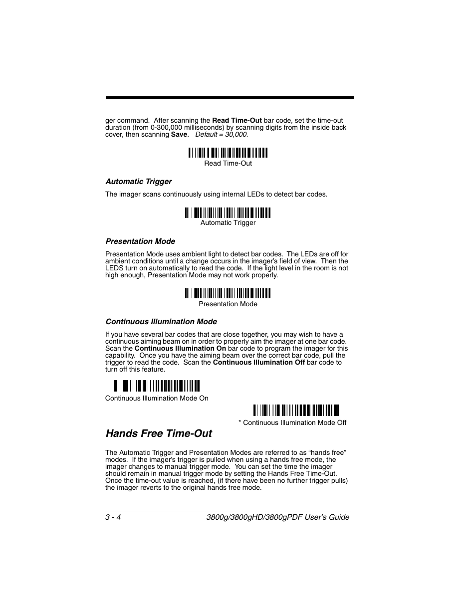 Automatic trigger, Presentation mode, Continuous illumination mode | Hands free time-out, Hands free time-out -4 | Honeywell 3800gPDF User Manual | Page 40 / 156